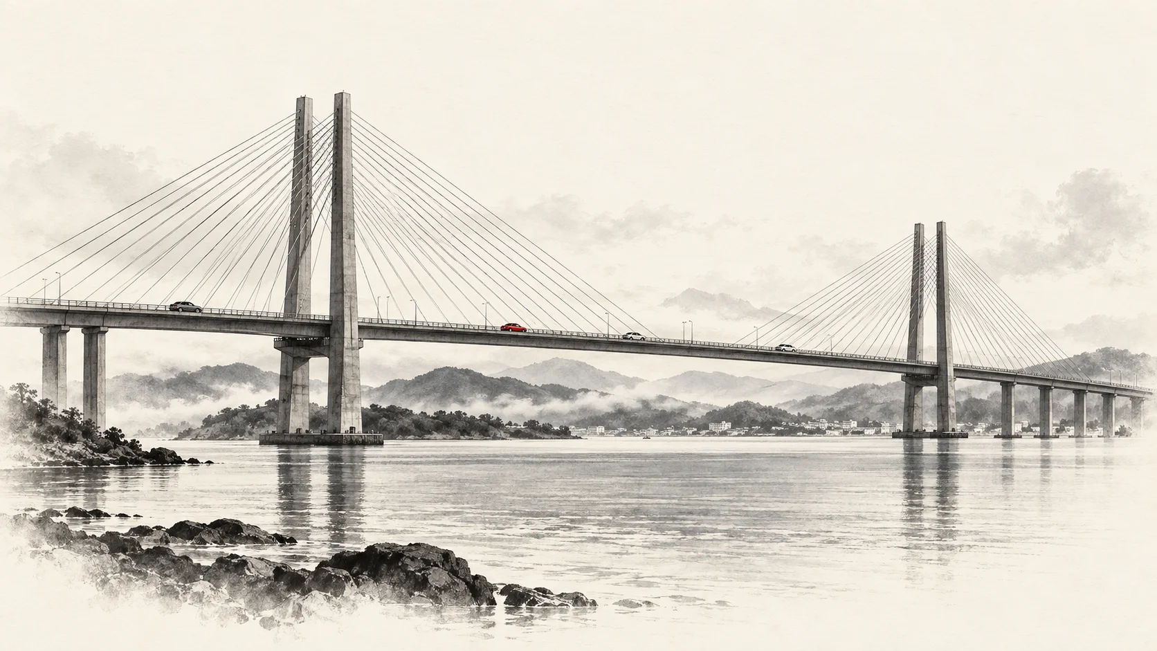 Ponte de Guaratuba de lado, em traços arquitetônicos sobre a baía