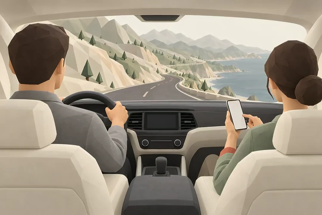 Vista do banco traseiro de um carro no litoral, com passageira pesquisando no celular