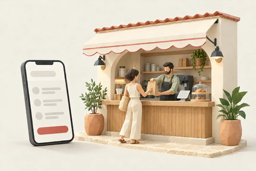 Ilustração de comércio costeiro com celular, balcão e atendimento